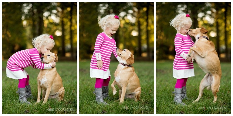 collage of a little girl and her puppy hugging, talking, kissing