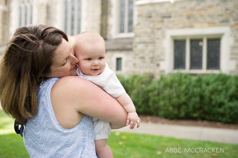 mother and son outside Myers Park Methodist after christening ceremony