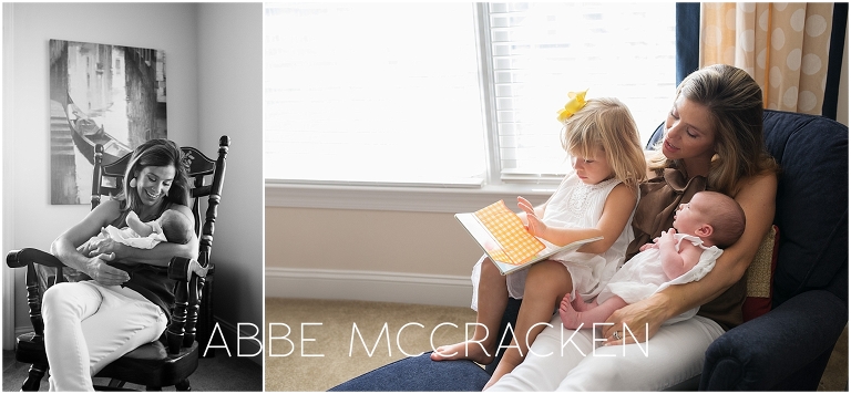 Newborn lifestyle photography session - mom rocking and reading with newborn and big sister