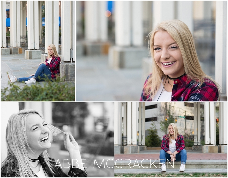 High school senior wearing a red flannel shirt in Uptown Charlotte - senior portraits