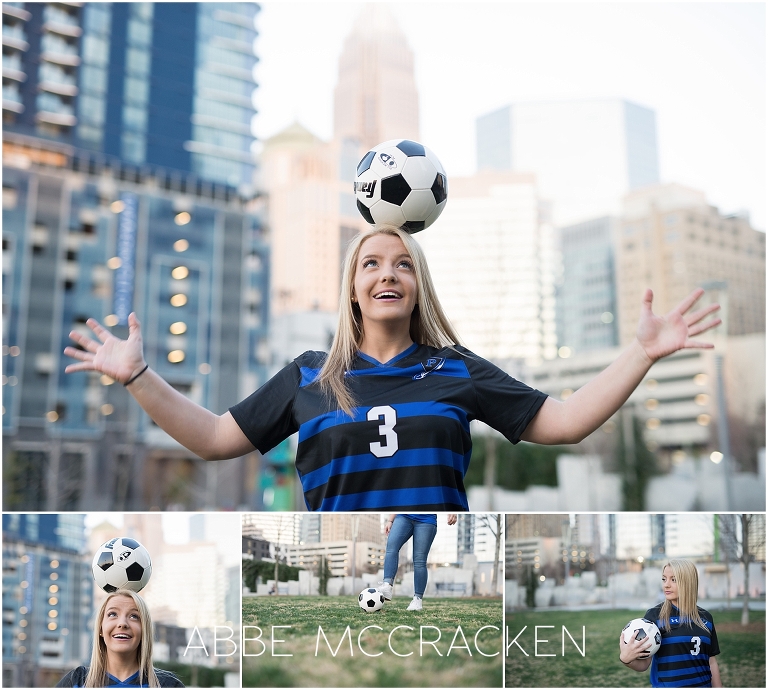 Senior portraits in Uptown Charlotte - girl in high school soccer jersey