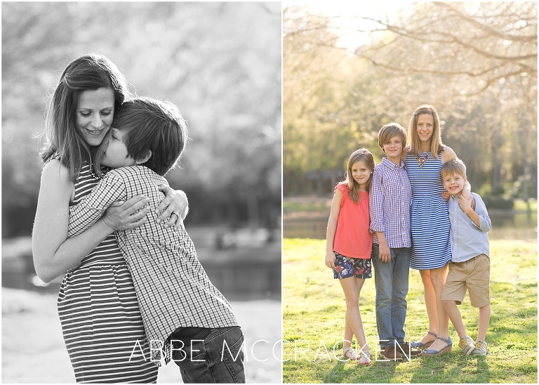 Pictures of a mother and her three children, including a black and white candid of her oldest child snuggling with her