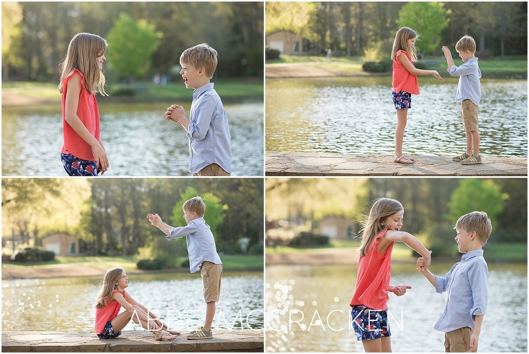 Candid pictures of siblings playing hand games, gorgeous back lighting and rim light