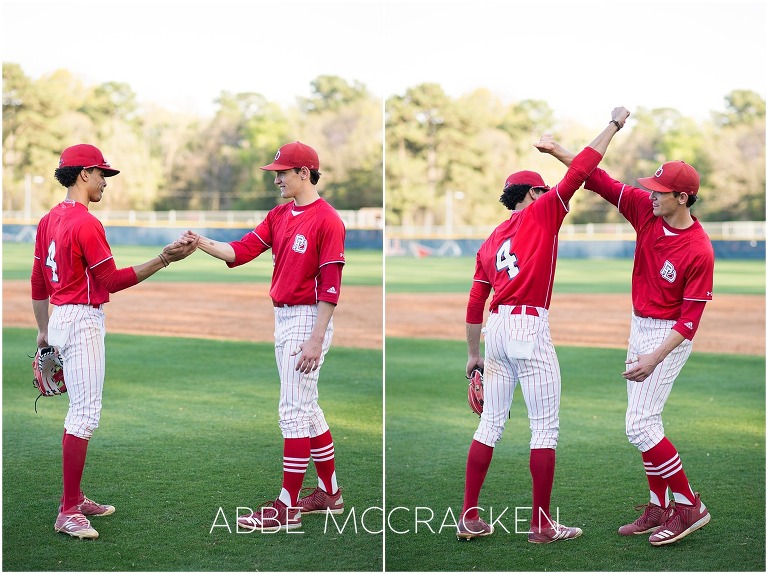 High school seniors, baseball teammates celebrating a win