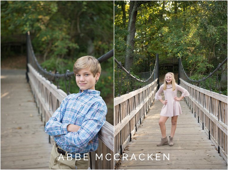 Portraits of siblings on a wooden bridge