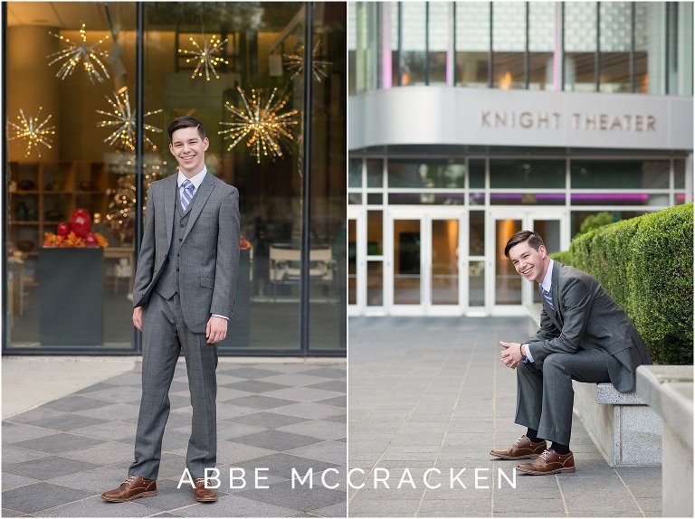 Uptown Charlotte senior portraits for guys near Knight Theater and Mint Museum