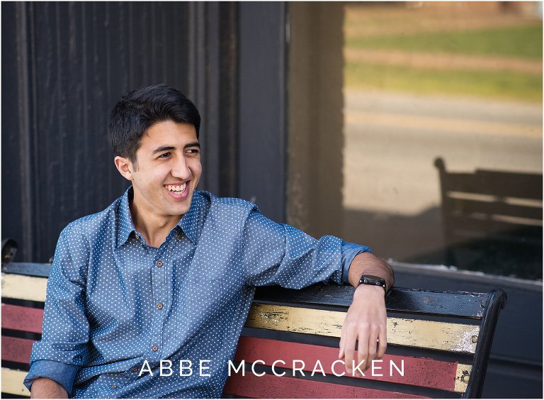 Candid senior portrait in historic Davidson, NC