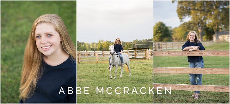 Three senior portraits on a farm with horses