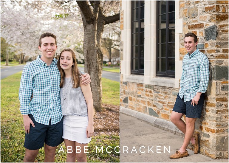 Siblings posing under the cherry blossoms and a picture of a senior leaning against the stonework at Myers Park Methodist Church