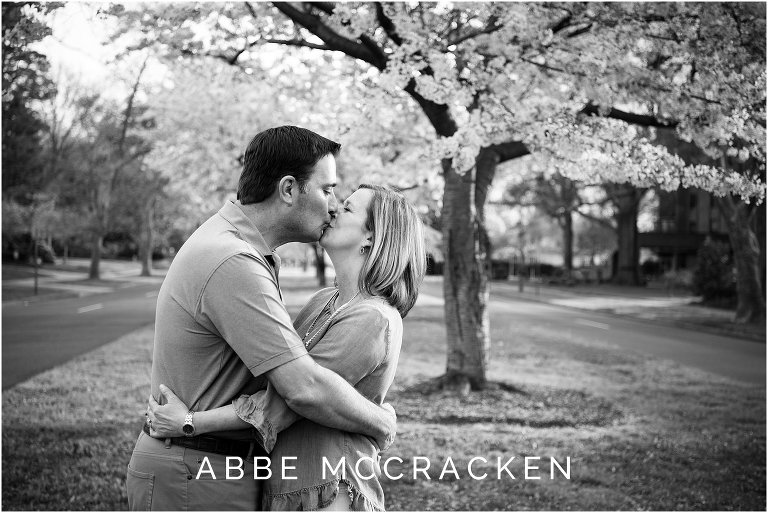 Parents kissing at the end of a family photography session and senior portraits for their son, gorgeous cherry blossoms above them