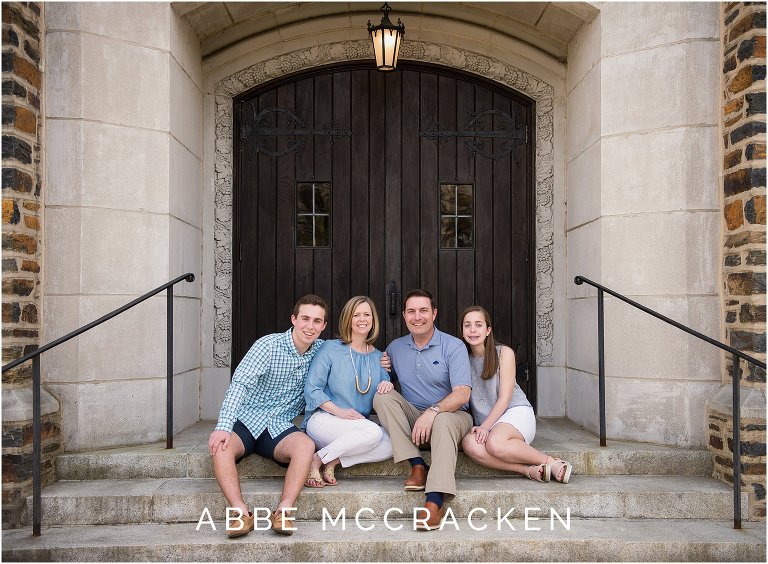 Casual family picture on the steps of Myers Park Methodist Church