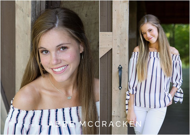 Two vertical portraits of a high school senior in off shoulder shirt and white jeans