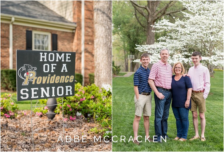 Senior photos at home with family and Providence High School senior yard sign