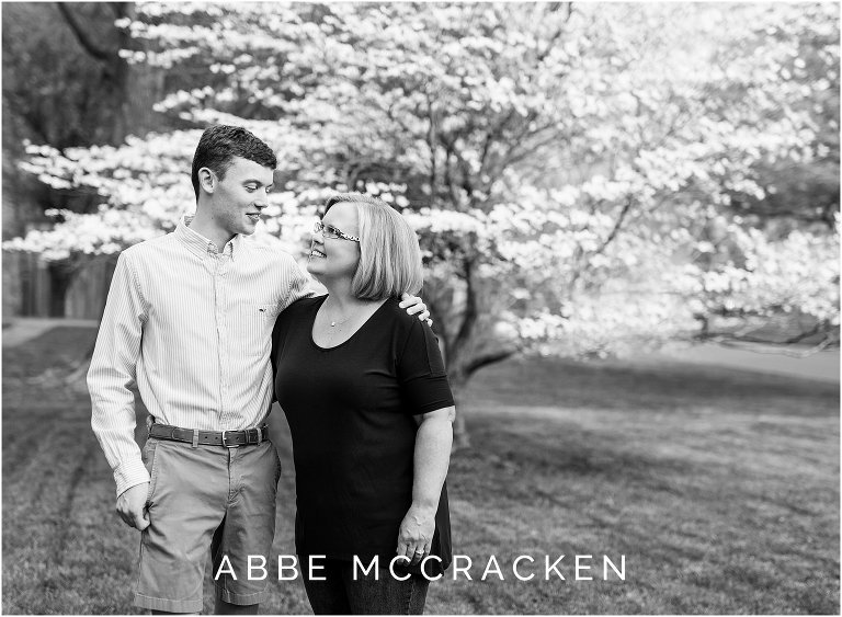 Black and white photograph of mother and her son, a high school senior