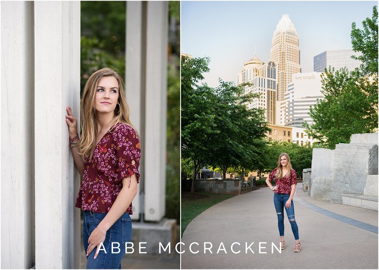Urban senior pictures with Charlotte NC skyline in the background
