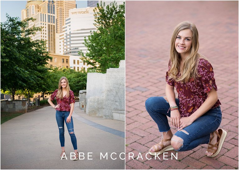 Urban senior pictures with Charlotte NC skyline in the background