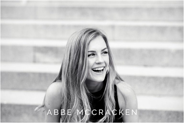 Black and white candid portrait of a gorgeous blonde high school senior