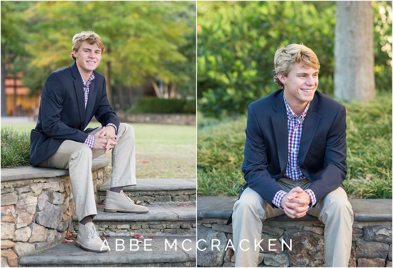 High school senior portraits in navy blazer and khakis on The Green in Uptown Charlotte