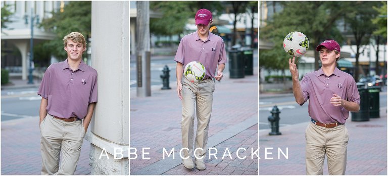 Portraits of a Charlotte Catholic senior soccer star wearing his Hampden-Sydney college shirt and hat