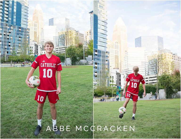 Athletic senior portraits of a boy wearing his Charlotte Catholic soccer uniform and showcasing moves in Romare Bearden Park