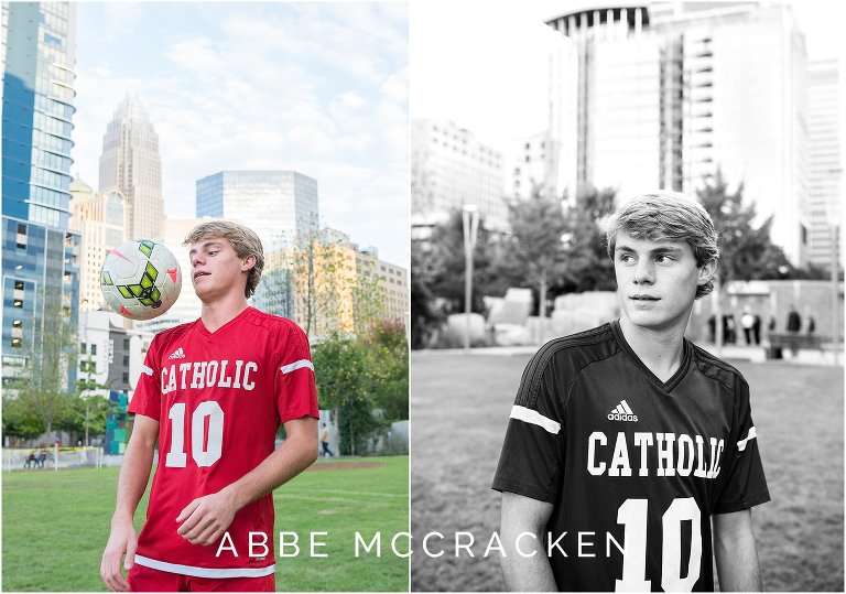 Athletic senior portraits of a boy wearing his Charlotte Catholic soccer uniform and showcasing moves in Romare Bearden Park