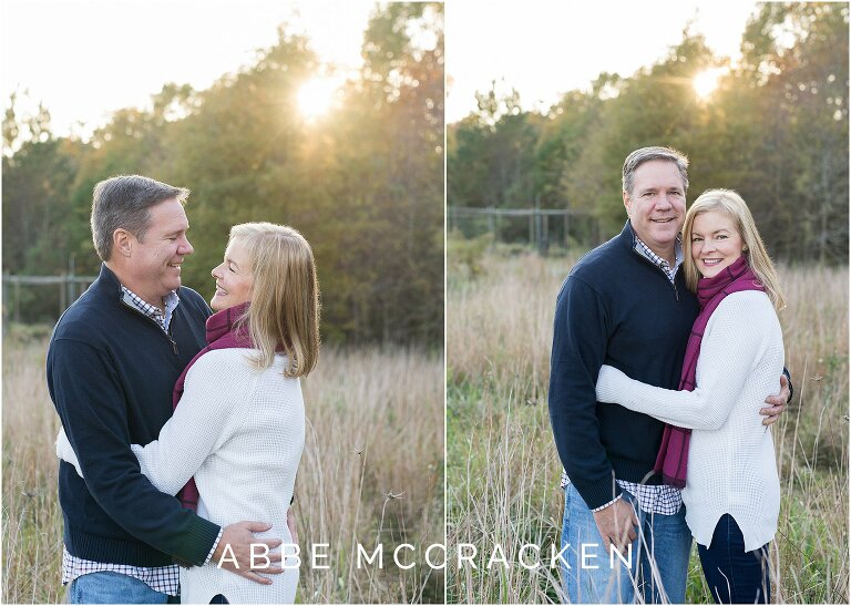 Portraits of mom and dad, one smiling at camera, one laughing at each other