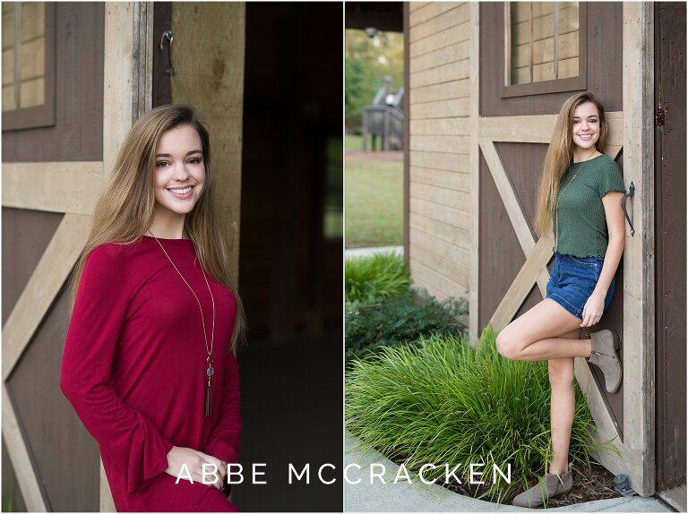 High school senior portraits standing against a barn