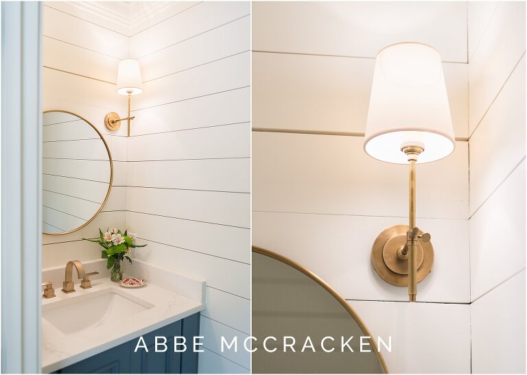 Gorgeous details in lake house powder room - interior design by The Warrick Co.