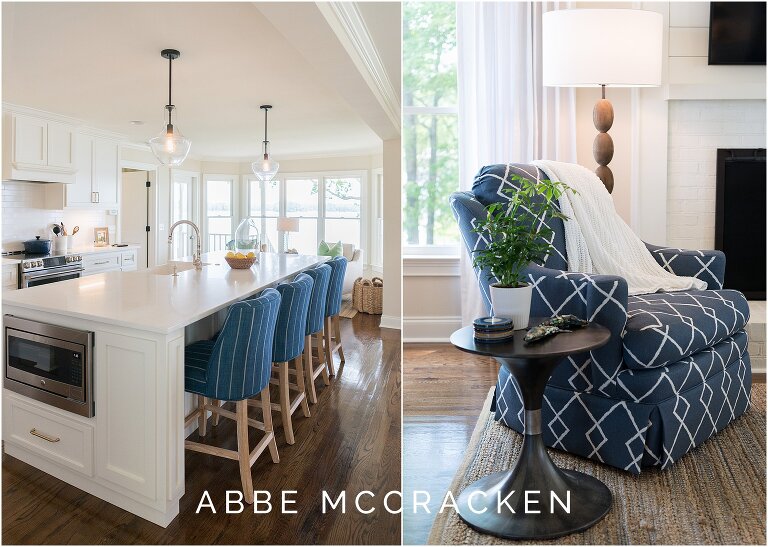 Neutral kitchen and great room in a Lake Wateree, SC lake house designed by The Warrick Co
