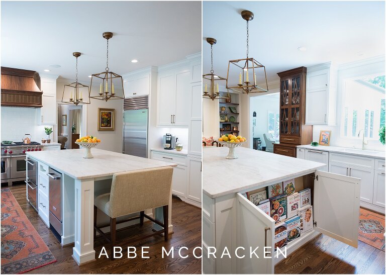 Multiple views of a clean, white kitchen island with marble top and hidden cookbook storage. Interior design by Charlotte, NC based The Warrick Company.