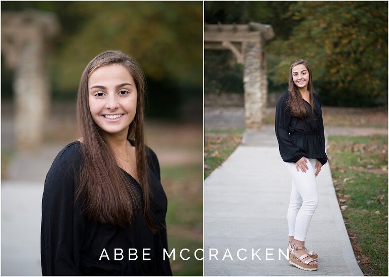 Fall senior portraits in Independence Park, headshot and full body shot