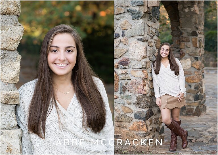 Casual senior portraits against the stonework in Charlotte's Independence Park