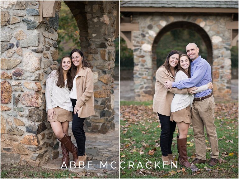family pictures against the stonework in Charlotte's Independence Park