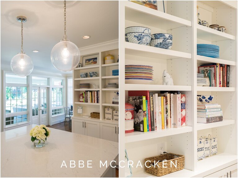 Styled open kitchen shelving with cookbooks, plates and special family treasures