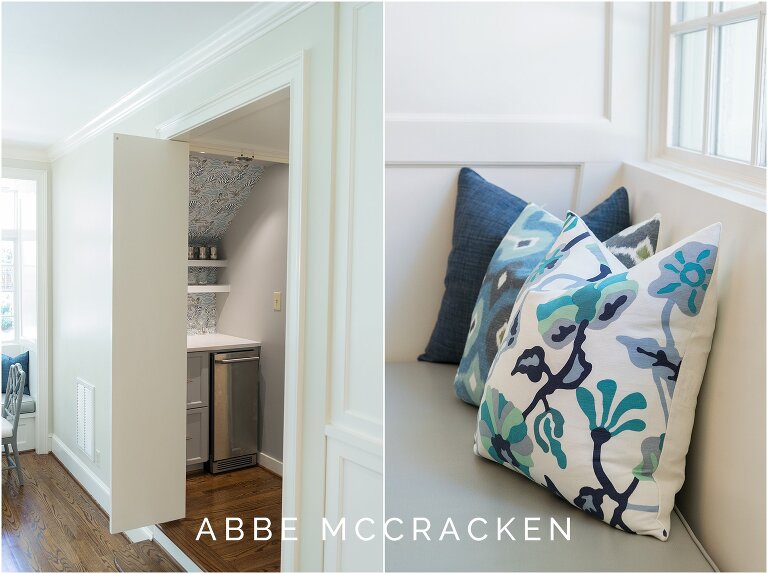 Sideview of closet that was turned into a bar and fluffy patterned pillows for built-in kitchen bench