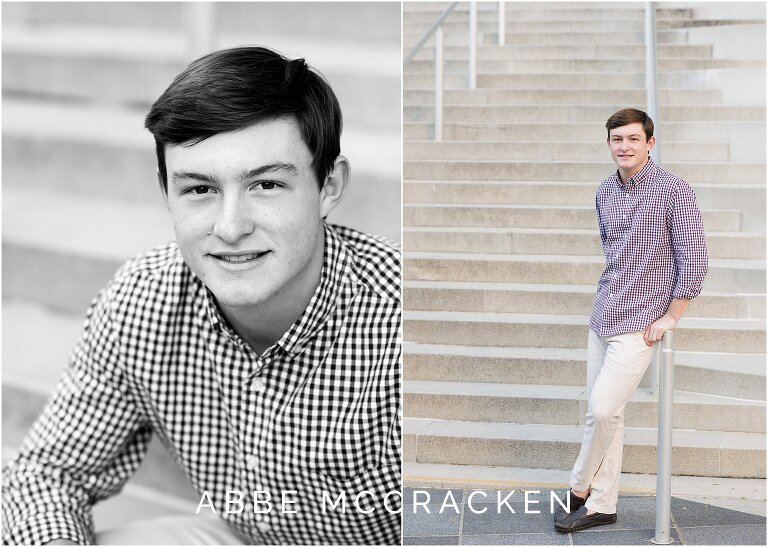 senior portraits of a boy standing and sitting on Mint Museum steps in Charlotte, NC