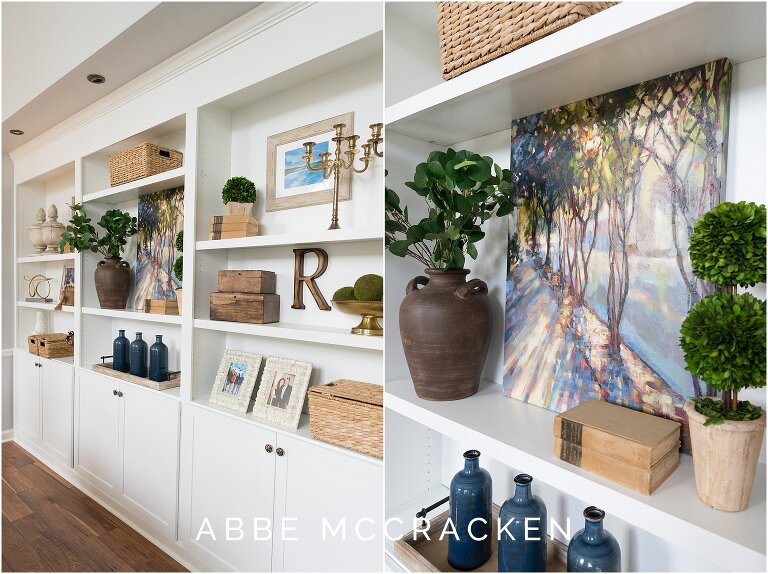 interior photography showing the open bookcases has a key feature of this newly redesigned great room