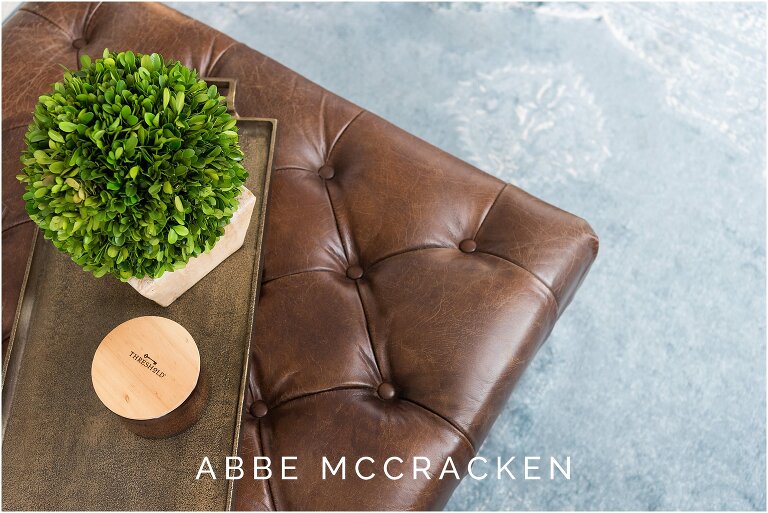 photo showing layers of interior design detail including leather, greenery, metal and soft rug