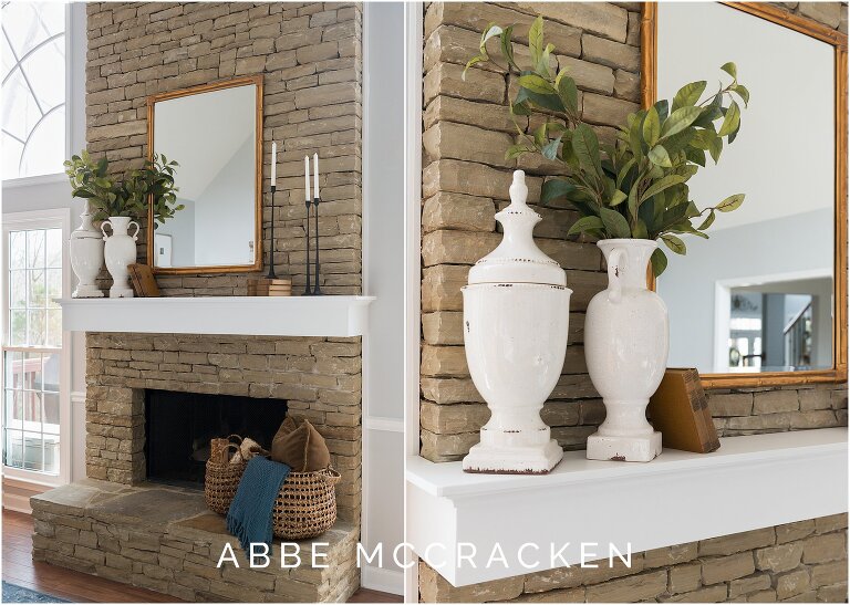 New decor detail and accent pieces on existing stone fireplace