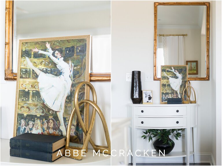picture of a woman dancing paired with mirror and white accent table