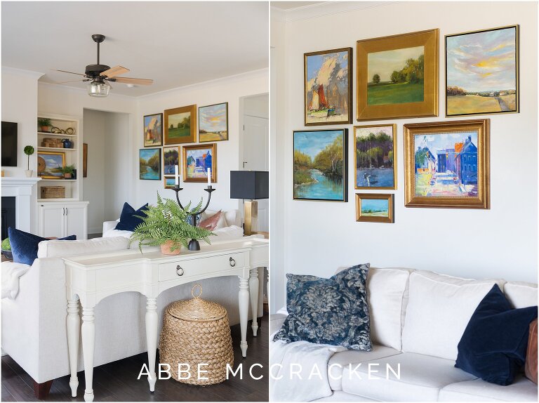 Colorful artwork in redesigned family room in Huntersville, NC