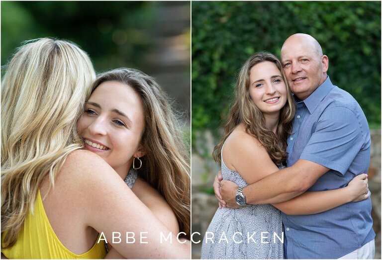Senior photos including hugs with mom and dad