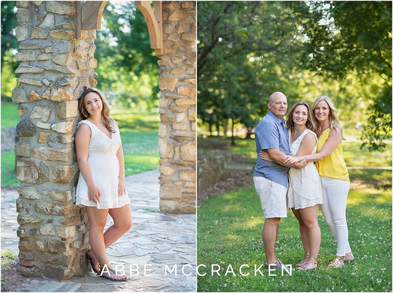 Senior picture leaning against stone column and one portrait with parents