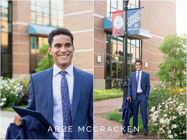 Candid senior portraits on private school campus