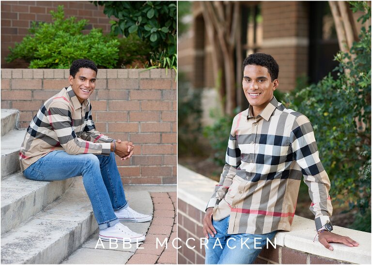 Senior pictures of a male student on campus at Providence Day