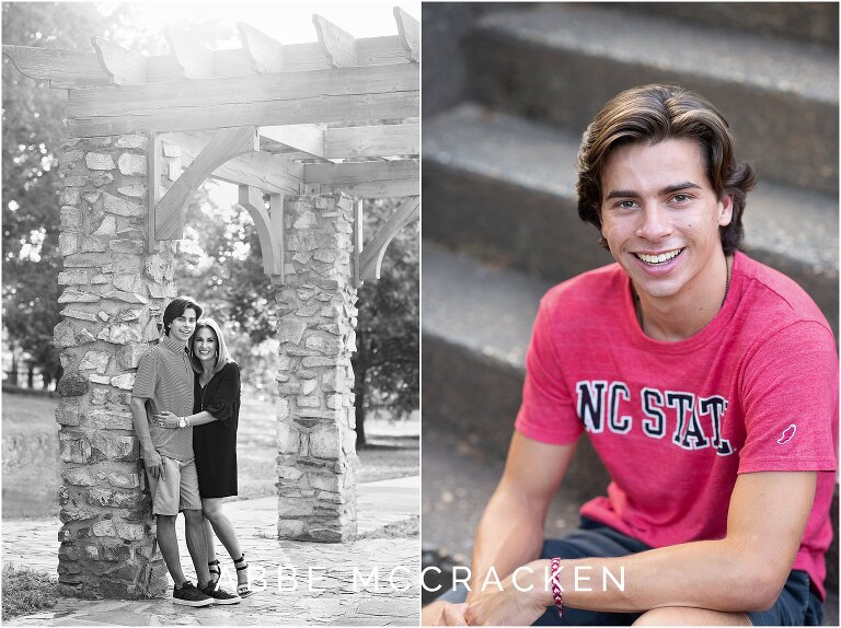 Portrait of senior guy with his mom, portrait of senior in red NC State shirt