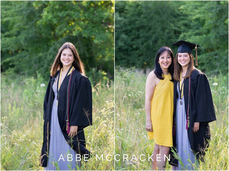 Senior portraits in wheat fields with cap and gown, including one photo of senior with her mom