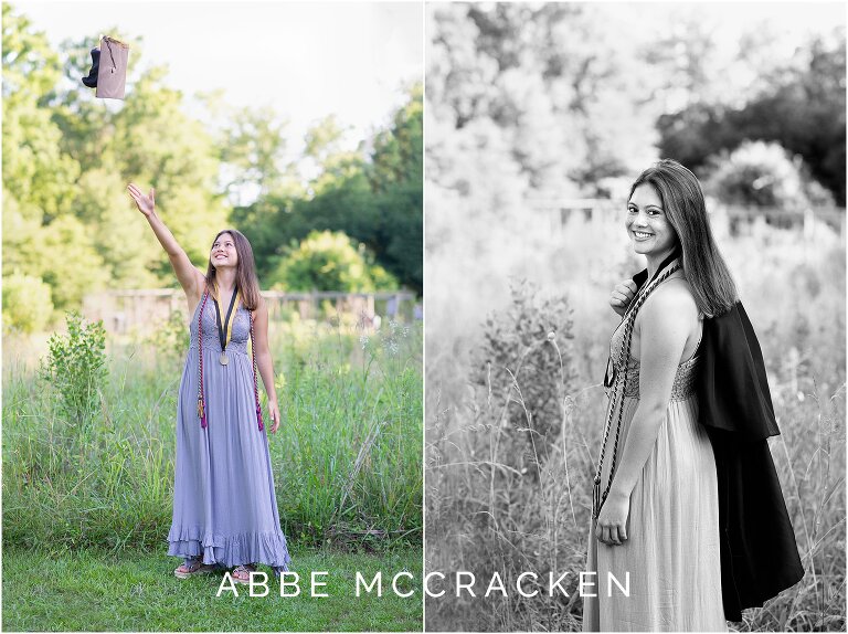 recent high school graduate in long grey dress throwing cap in the air