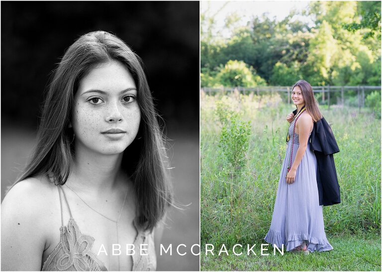 Senior portraits with natural wheat field background, gorgeous black and white highlighting her freckles