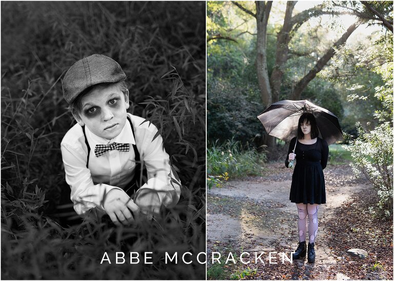 Family members dressed as ghosts in a spooky forest